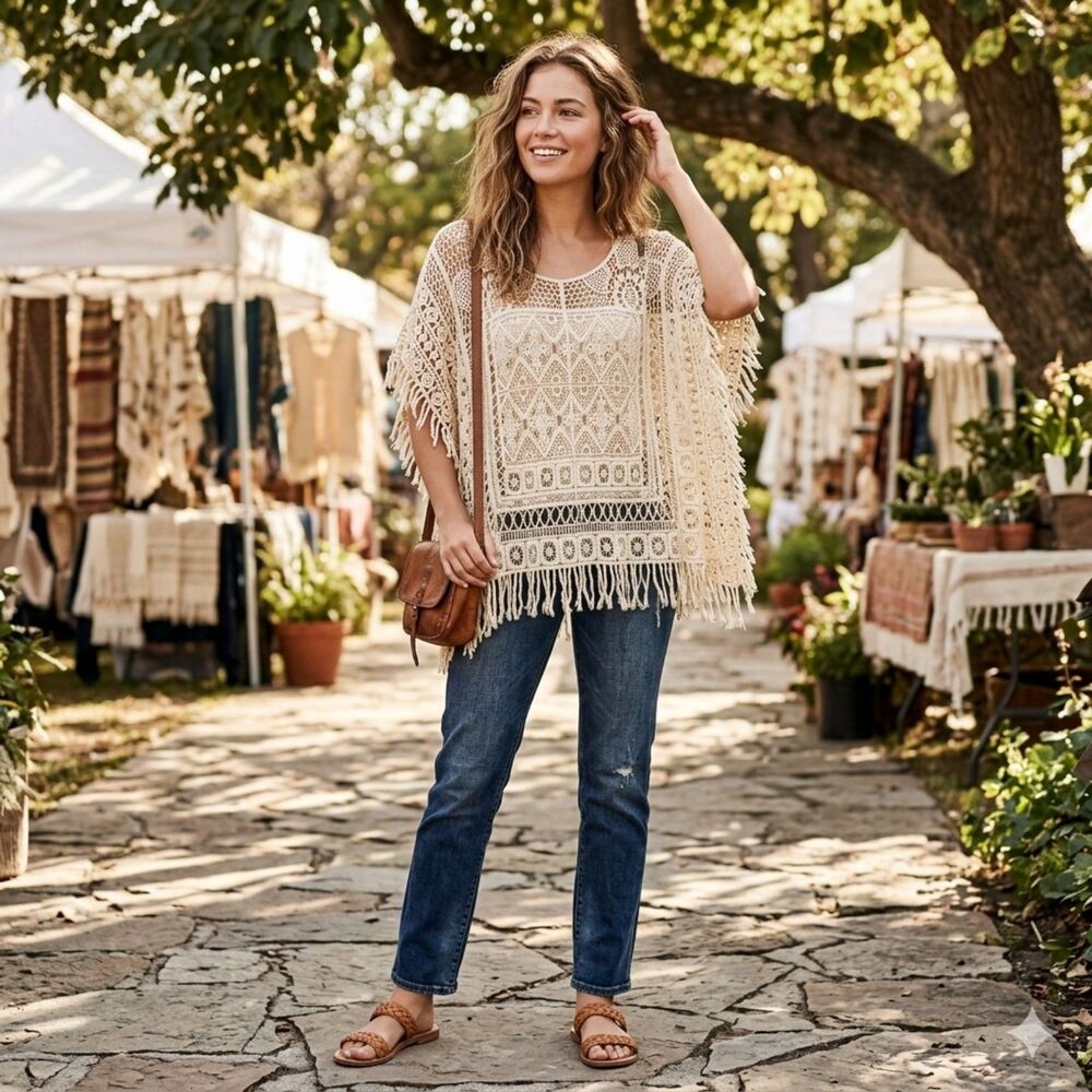 Chicos Cream Crochet Fringe Poncho Top Boho Resort Summer Cruise Tunic Size L/XL